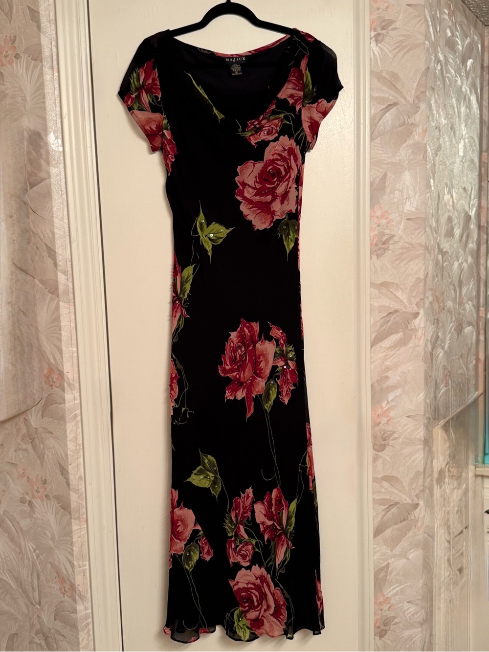 Black Floral Maxi Dress with Pink Rose Accents by Xhilaration